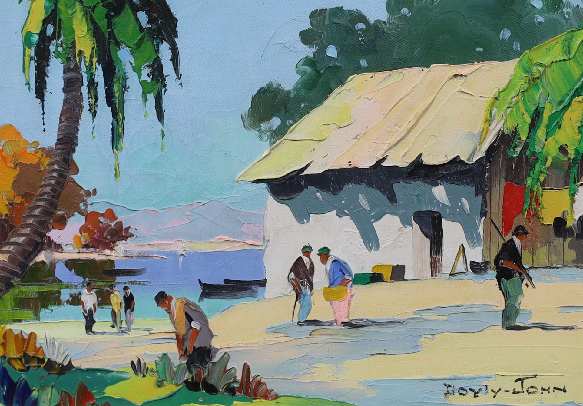 Cecil Rochfort D'Oyly John (English, 1906-1993), Fishing village with figures and palm trees, oil on canvas, 24 x 34cm